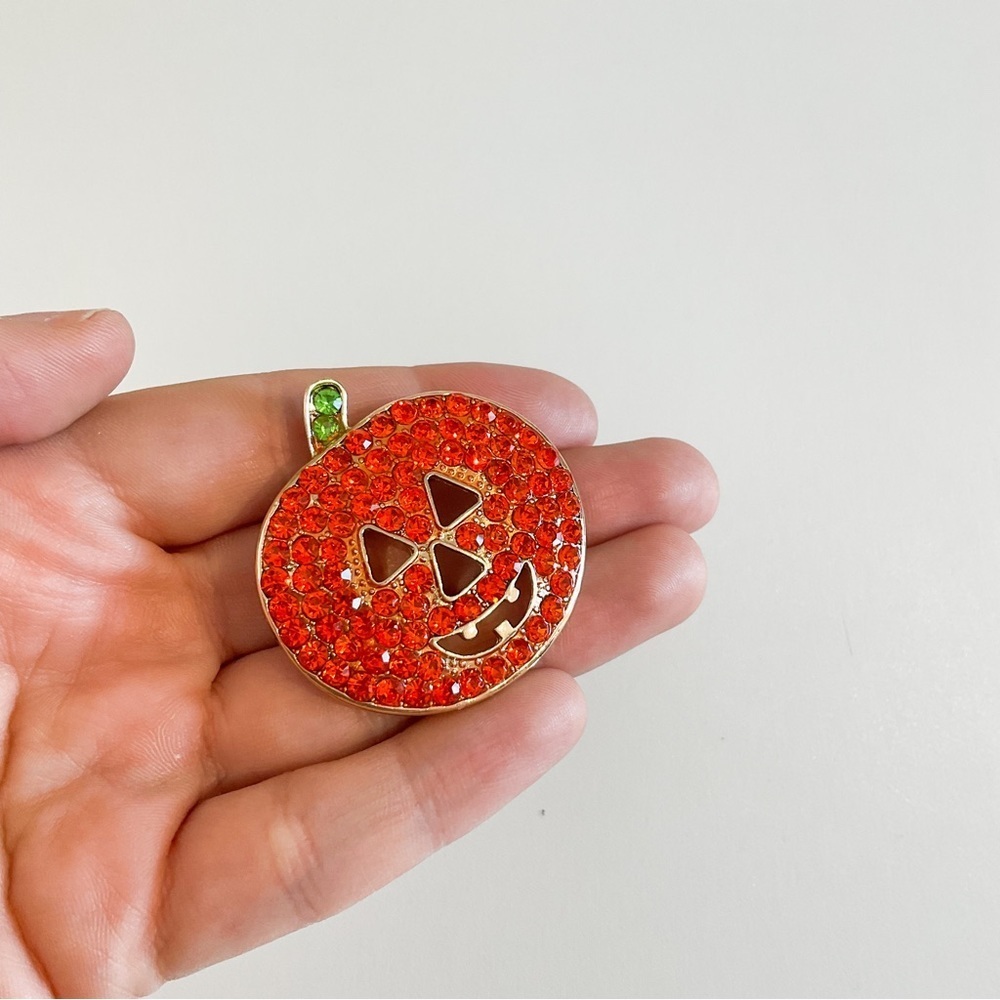 Orange Sparkly Rhinestone Pumpkin Brooch For Halloween - Picture 5 of 5